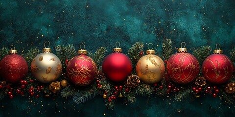 Wall Mural - Red and gold Christmas baubles on a green velvet background for a festive feel.