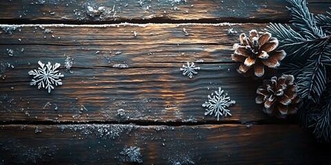 Wall Mural - Frosty wooden surface with Christmas-themed carvings and frost-covered pine cones.