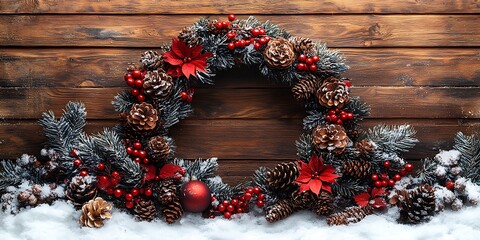 Wall Mural - A festive Christmas wreath on a rustic wooden door adorned with snow.