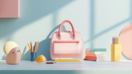 Wall Mural - A pink purse and other items are displayed on a table, AI