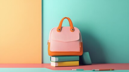 Poster - A pink and orange backpack sitting on top of a stack of books, AI