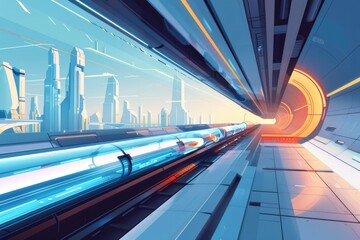 Poster - A train passing through a tunnel with a cityscape visible in the distance