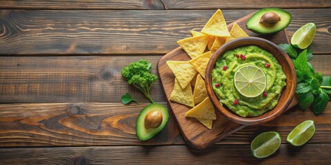 Wall Mural - Green guacamole with avocado, lime and nachos on vintage wooden table top view. Traditional Mexican cuisine, guacamole, avocado