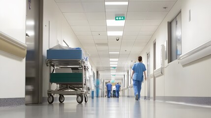 Wall Mural - A female nurse in scrubs walks down a hospital hallway.