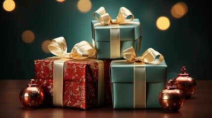 illustration of red gifts with golden bows and ribbons placed on green background