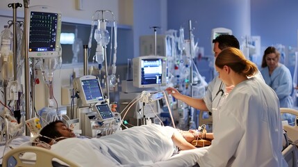 Wall Mural - Two nurses attend to a patient in a hospital room.