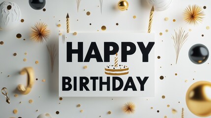 A happy birthday sign with gold and black decorations, AI