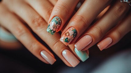 Wall Mural - A woman with pink and green nails holding a manicure, AI