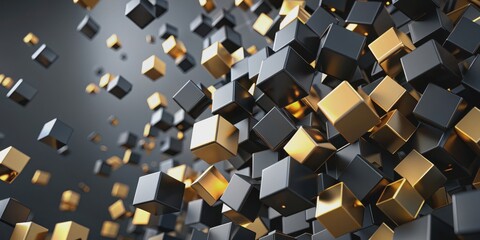 Black and gold cubes floating in a rendered background, geometric, abstract, metallic, luxury, shiny, modern, design