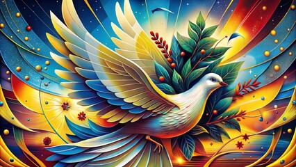 Vibrant Dove with Olive Branch in Colorful Abstract Background
