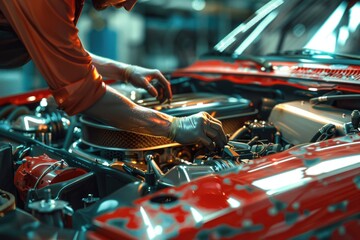 Poster - A person tinkering with the internal mechanisms of a vehicle in a typical workshop setting, great for automotive or DIY projects