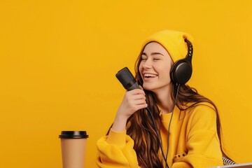 Canvas Print - A woman sits at a table with a laptop, wearing a yellow sweater and headphones