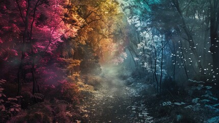 Wall Mural - Beautiful surreal alternate colored forest landscape