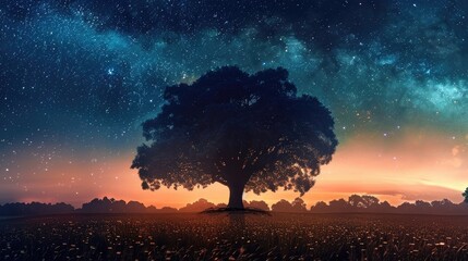 Wall Mural - Beautiful tree in the middle of a meadow at night with stars and a milky way sky, panoramic view.