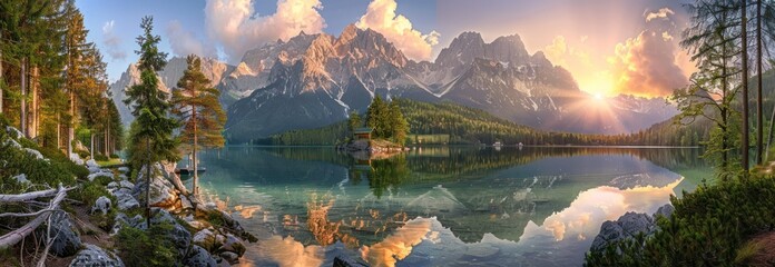 Canvas Print - Sunrise Over a Tranquil Mountain Lake