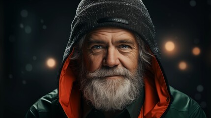 illustration portrait of confident bearded Santa with gray hair in Christmas cap and green cozy clothes looking at camera against dark grey background