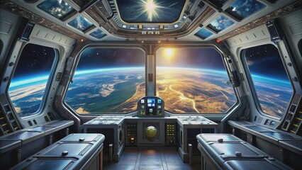 Wall Mural - Space shuttle interior with a breathtaking view of Earth , space shuttle, Earth, space travel, astronaut, spacecraft