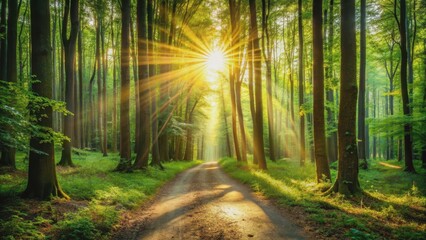 Wall Mural - Sunlight filtering through dense forest, lighting up path between trees , Sunlight, streams, leaves, dense, forest, illuminating