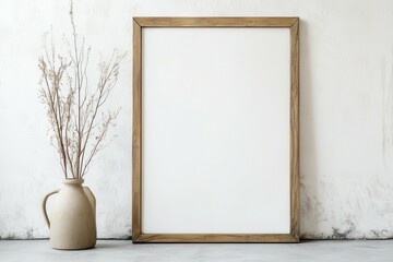 Portrait empty wooden frame mockup in sunlight. Minimalistic composition of sitting room interior with white mock up frame. Scandinavian interior design