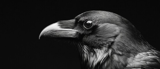 The image shows a black background with a portrait of a dark raven bird.