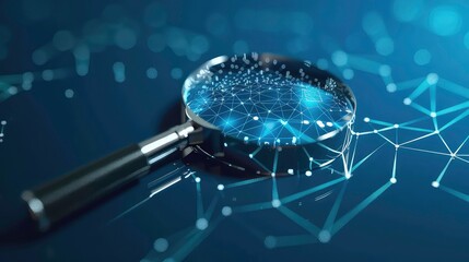 Magnifying glass revealing digital network with lines and dots on dark blue background.