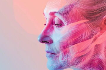 Wall Mural - A close-up shot of a woman's face with bright pink hair, ideal for use in creative projects that require a unique and eye-catching visual identity