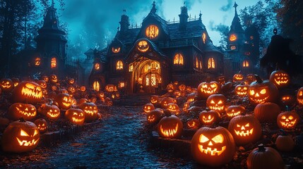 Walking Through a Dark Cave, Candles Set Up Inside and the Pumpkin Glows on Halloween Night. Traditional Halloween Symbol