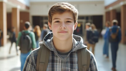 Poster - A young boy with backpack standing in a hallway, AI