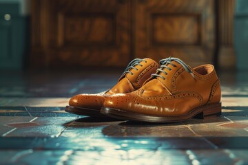 A pair of brown shoes sitting on a tiled floor, suitable for use in interior design, lifestyle, or still life photography