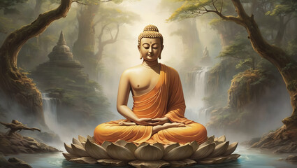 painting of gautama buddha statue at sunset