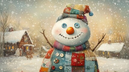 Wall Mural - A snowman with a big smile and colorful clothes in the winter, AI