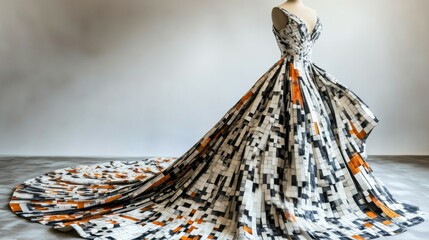 Fashion gown with cascading domino patterns in an elegant and realistic style