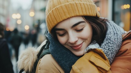 Poster - A woman in a hat and scarf hugging her face, AI