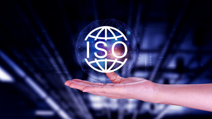 ISO standards quality control, assurance and warranty business technology concept, Touching on screen with quality assurance and document icon for ISO, ISO Standard certification concept.