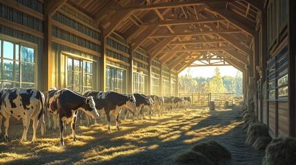 Poster - A peaceful barn scene with cows in soft sunlight. The warm wooden structure creates a cozy farming atmosphere. Perfect for agricultural themes or rural lifestyle imagery. AI