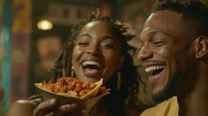 An attractive woman eats a taco with friends at a Mexican restaurant