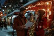 © YURIMA - Amidst festive decorations and sparkling lights, a delightful couple joyfully celebrates the winter holiday evening at a Christmas market, creating a cheerful and romantic atmosphere