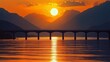 © Irina Ukrainets - A stunning sunset over a serene lake with a bridge reflecting golden hues. The majestic mountains frame the scene. This picturesque view evokes calmness and beauty. AI