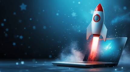 An 3D design featuring a rocket launching from a laptop screen on a bright blue background