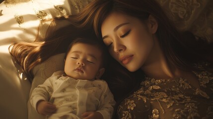 At home, a young asian mother sleeps with her newborn baby on her bed