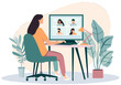 © LorenaPh - Woman sitting at a desk working on a computer, with video call meeting. Minimalist flat design illustration. Home office concept