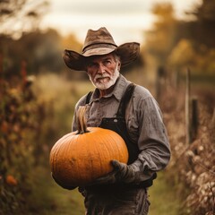 A senior farmer in a cowboy hat holds a large pumpkin in a field.