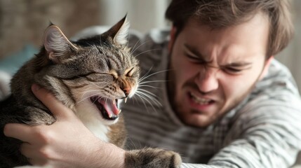 Wall Mural - A man holding a cat and smiling at the camera, AI