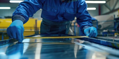 Sticker - A person wearing a blue jacket and gloves is busy repairing a piece of metal in a well-lit workshop