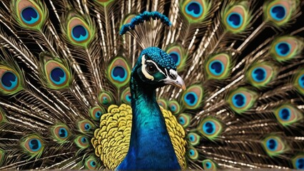 Beautiful peacock with feathers out, close-up portrait.