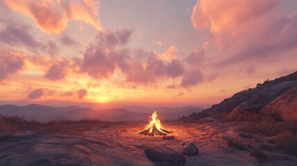 A bonfire outdoor adventure with mountains in the background. Stock image