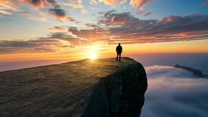 amidst towering cliffs, a lone traveler stands as the sun sets, casting vibrant hues across the sky.