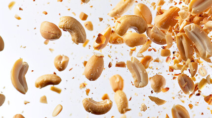 peanuts splash scattered in the air, white background