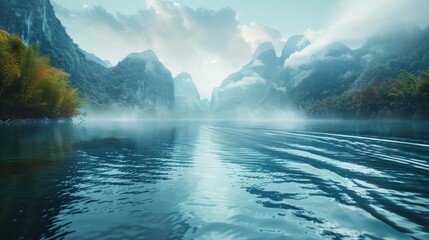 Poster - Boat travels on river surrounded by mountains, great for scenic views or outdoor adventure themes