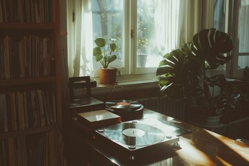 Wall Mural - A vintage record player sits atop a rustic wooden table, ready to spin your favorite tunes